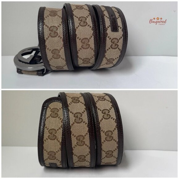 Auth GUCCI Brown Monogram Canvas Leather Silver Interlocking G Buckle Belt 85/34 - Picture 8 of 13
